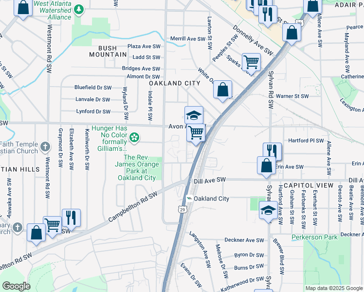 map of restaurants, bars, coffee shops, grocery stores, and more near 1227 Princess Avenue Southwest in Atlanta
