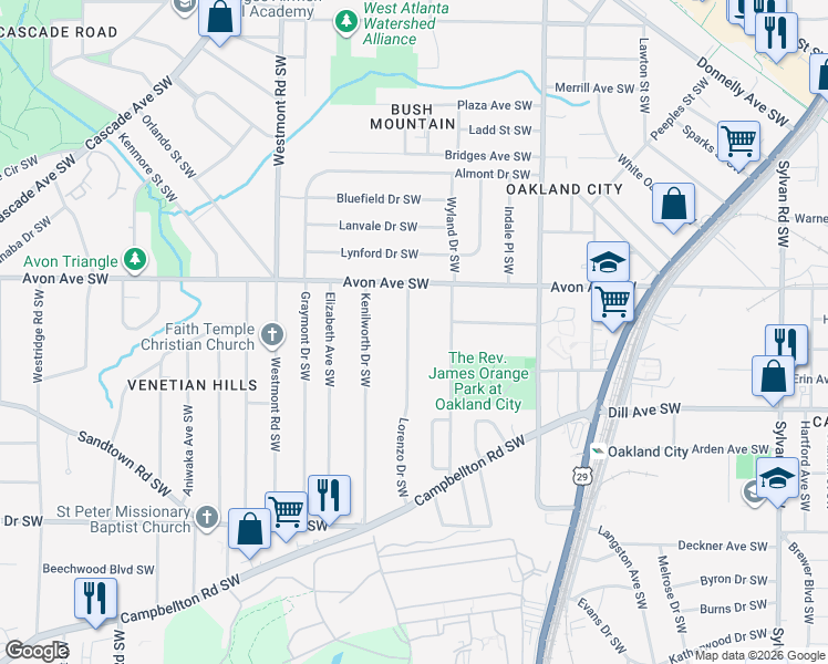 map of restaurants, bars, coffee shops, grocery stores, and more near 1258 Lorenzo Drive Southwest in Atlanta