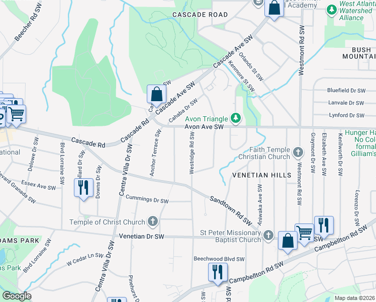 map of restaurants, bars, coffee shops, grocery stores, and more near 1237 Westridge Road Southwest in Atlanta
