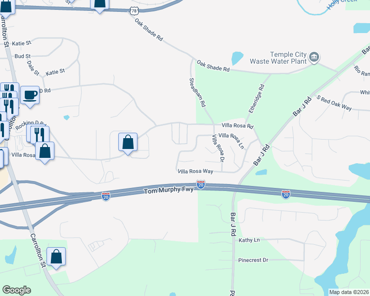 map of restaurants, bars, coffee shops, grocery stores, and more near 113 Villa Rosa Way in Temple