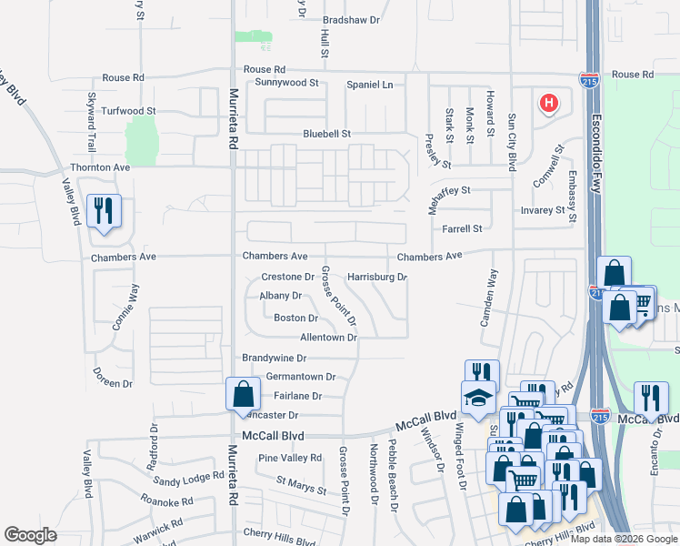 map of restaurants, bars, coffee shops, grocery stores, and more near 26333 Desert Rose Lane in Menifee