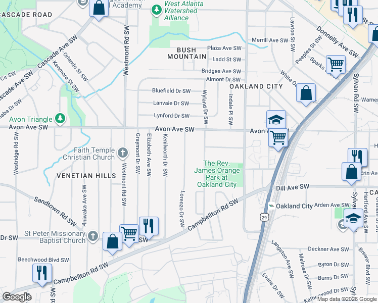 map of restaurants, bars, coffee shops, grocery stores, and more near 1258 Lorenzo Drive Southwest in Atlanta