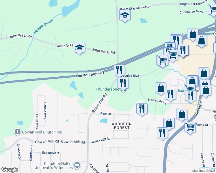 map of restaurants, bars, coffee shops, grocery stores, and more near 3127 Bright Star Road in Douglasville
