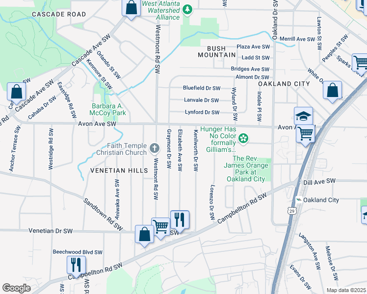 map of restaurants, bars, coffee shops, grocery stores, and more near 1256 Elizabeth Avenue Southwest in Atlanta