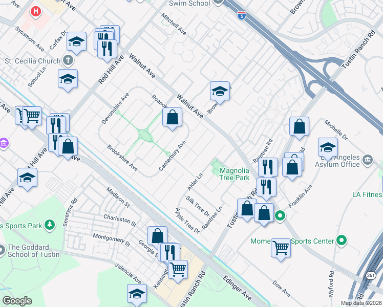 map of restaurants, bars, coffee shops, grocery stores, and more near 14652 Danborough Road in Tustin