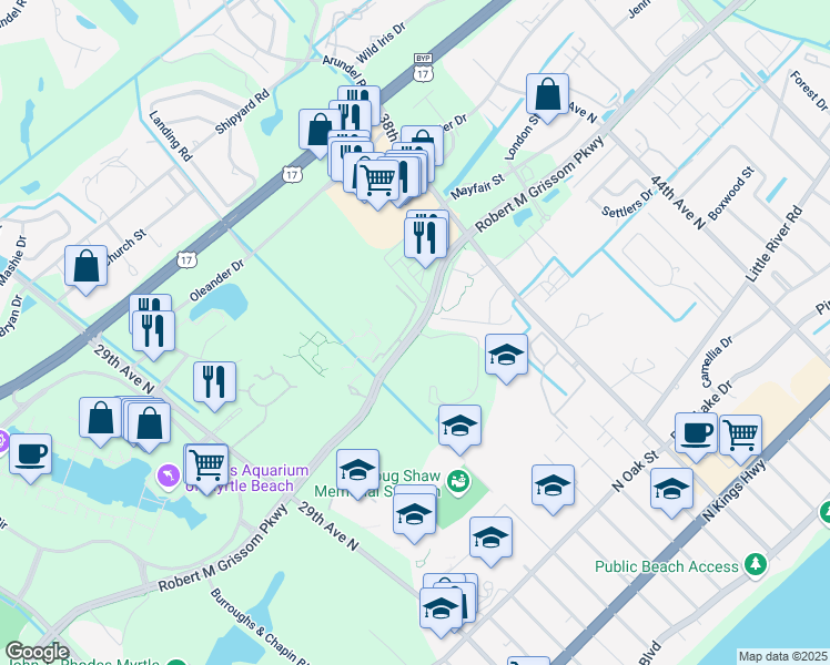 map of restaurants, bars, coffee shops, grocery stores, and more near 3302 Robert M Grissom Parkway in Myrtle Beach