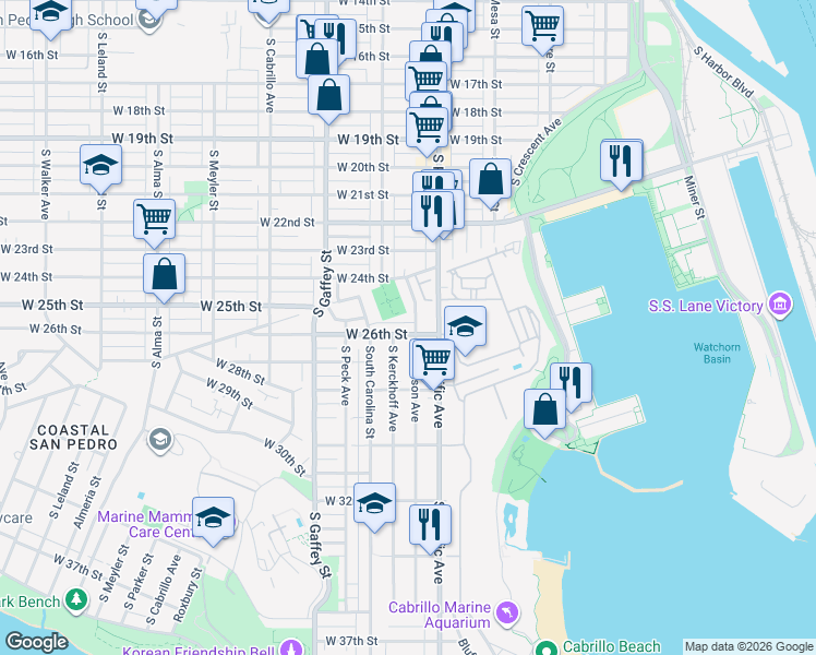 map of restaurants, bars, coffee shops, grocery stores, and more near 548 West 26th Street in San Pedro