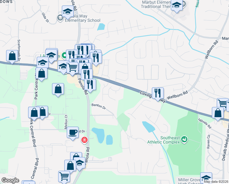 map of restaurants, bars, coffee shops, grocery stores, and more near 2278 Rolling Trail in Lithonia