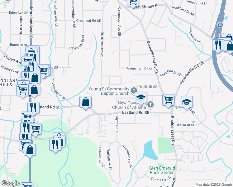 map of restaurants, bars, coffee shops, grocery stores, and more near 2374 Glynn Drive Southeast in Atlanta