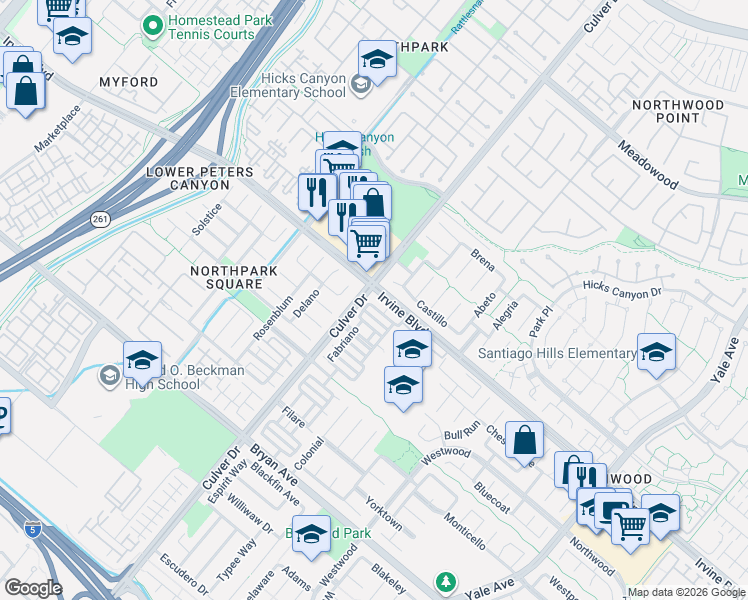 map of restaurants, bars, coffee shops, grocery stores, and more near 3 Varesa in Irvine