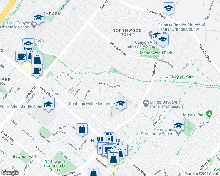 map of restaurants, bars, coffee shops, grocery stores, and more near 2 Glorieta in Irvine