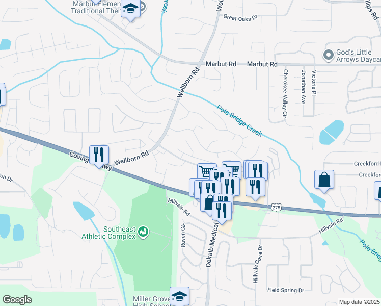 map of restaurants, bars, coffee shops, grocery stores, and more near 5894 Crescent Ridge Court in Lithonia