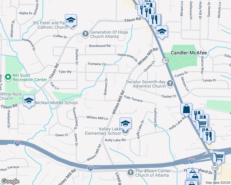 map of restaurants, bars, coffee shops, grocery stores, and more near 2245 Whites Mill Road in Decatur