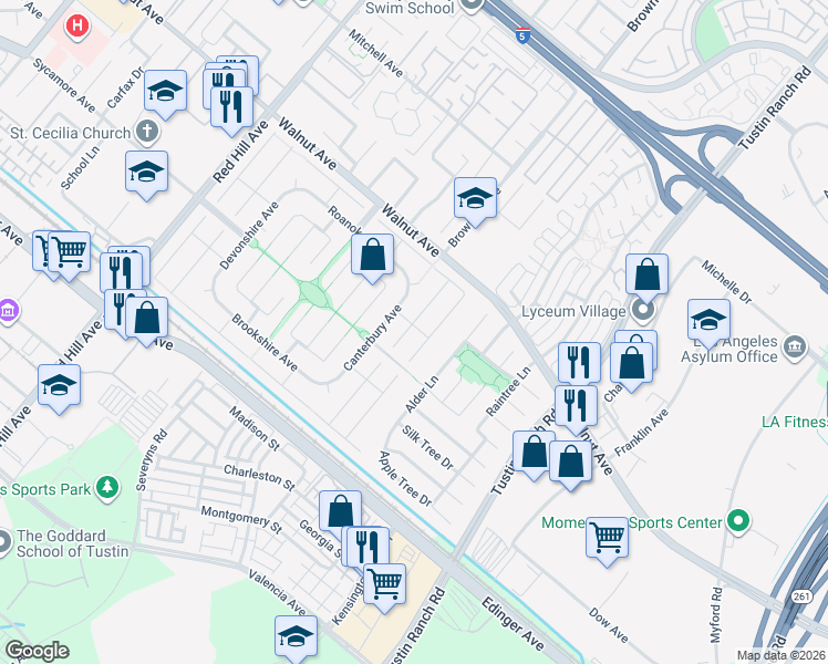 map of restaurants, bars, coffee shops, grocery stores, and more near 14652 Danborough Road in Tustin