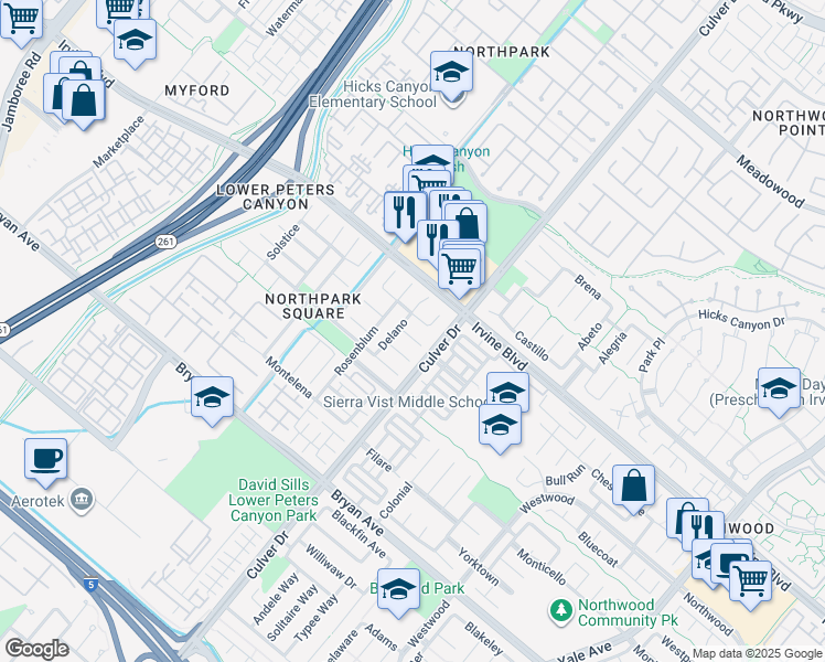 map of restaurants, bars, coffee shops, grocery stores, and more near 10 Delano in Irvine