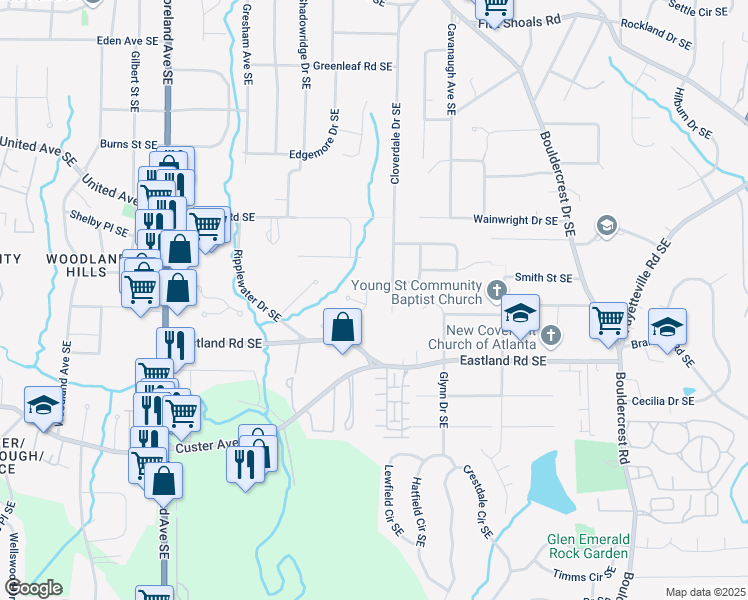 map of restaurants, bars, coffee shops, grocery stores, and more near 2604 Porchside Place Southeast in Atlanta
