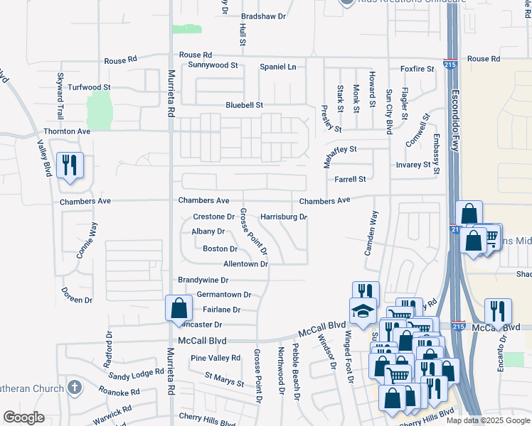 map of restaurants, bars, coffee shops, grocery stores, and more near 26340 Harrisburg Drive in Menifee