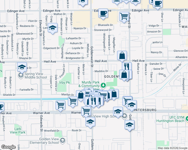 map of restaurants, bars, coffee shops, grocery stores, and more near 16632 Goldenwest Street in Huntington Beach