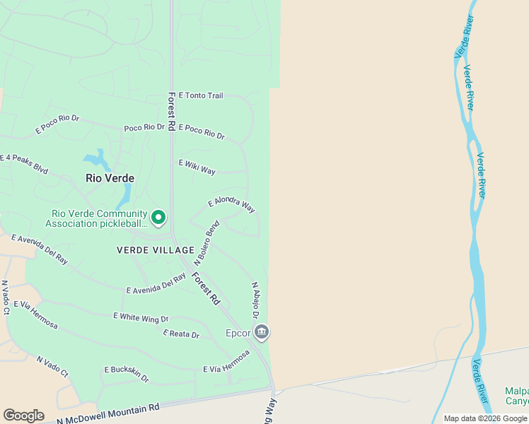 map of restaurants, bars, coffee shops, grocery stores, and more near 19134 East Alondra Way in Rio Verde