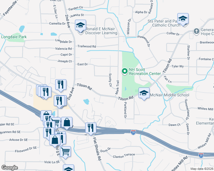 map of restaurants, bars, coffee shops, grocery stores, and more near 2321 Scotty Circle in Decatur