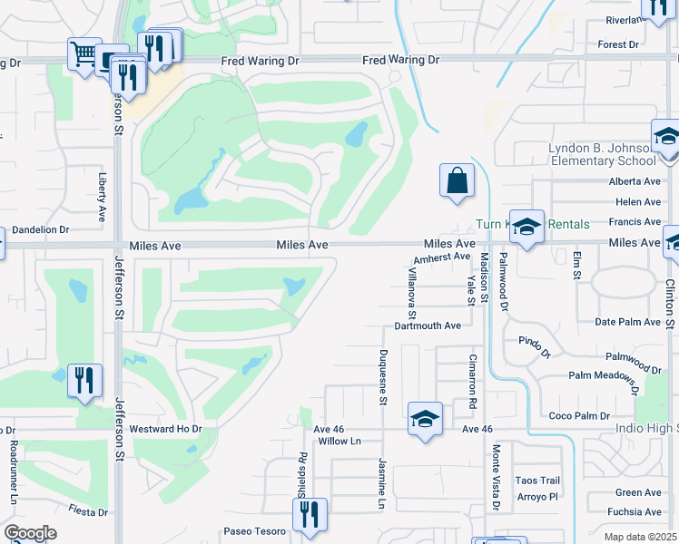 map of restaurants, bars, coffee shops, grocery stores, and more near 45154 Crystal Springs Drive in Indio