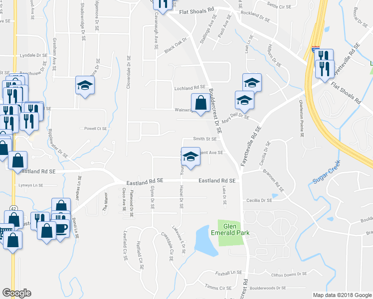map of restaurants, bars, coffee shops, grocery stores, and more near 1362 Sargent Avenue Southeast in Atlanta