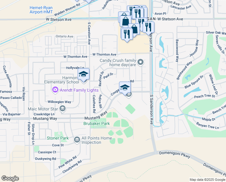map of restaurants, bars, coffee shops, grocery stores, and more near 3830 Cougar Canyon Road in Hemet