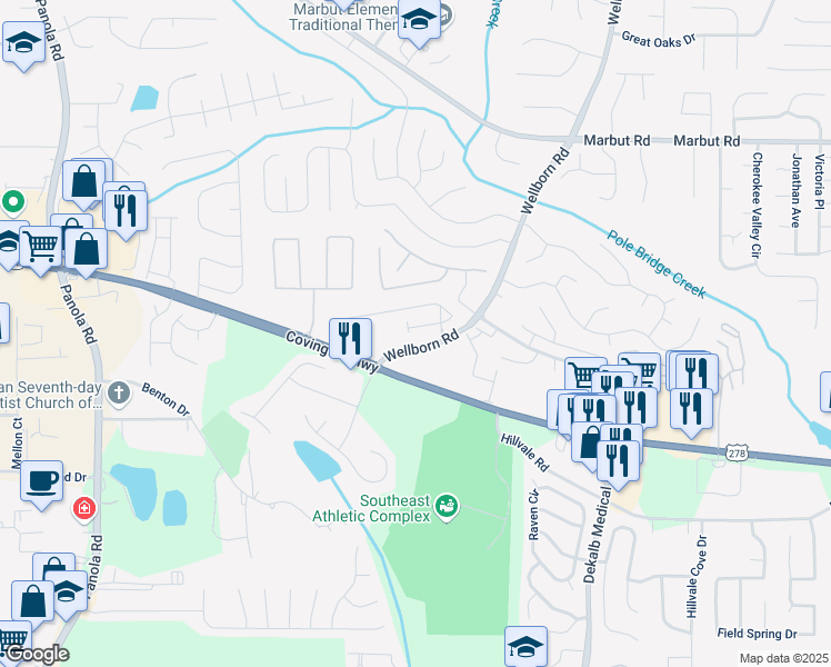 map of restaurants, bars, coffee shops, grocery stores, and more near 5853 Greystone Drive in Lithonia