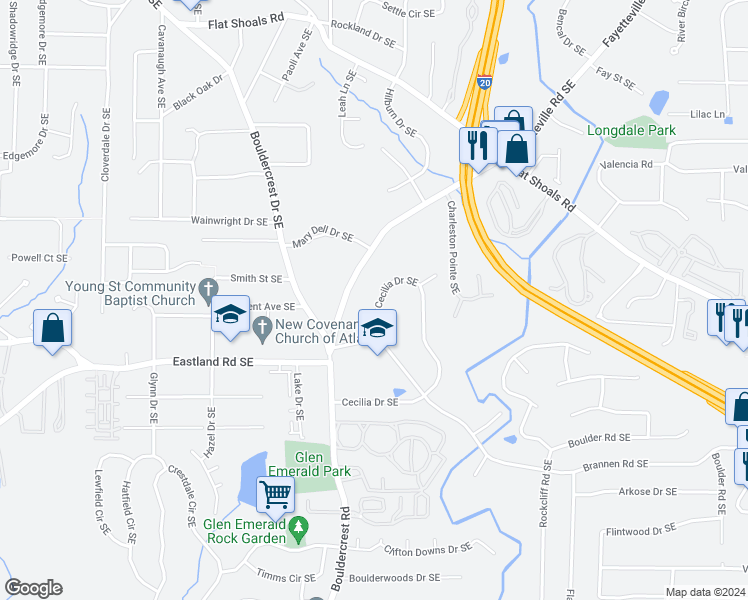 map of restaurants, bars, coffee shops, grocery stores, and more near 1781 Cecilia Drive Southeast in Atlanta