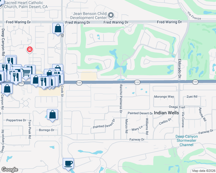 map of restaurants, bars, coffee shops, grocery stores, and more near 75396 Mansfield Drive in Indian Wells