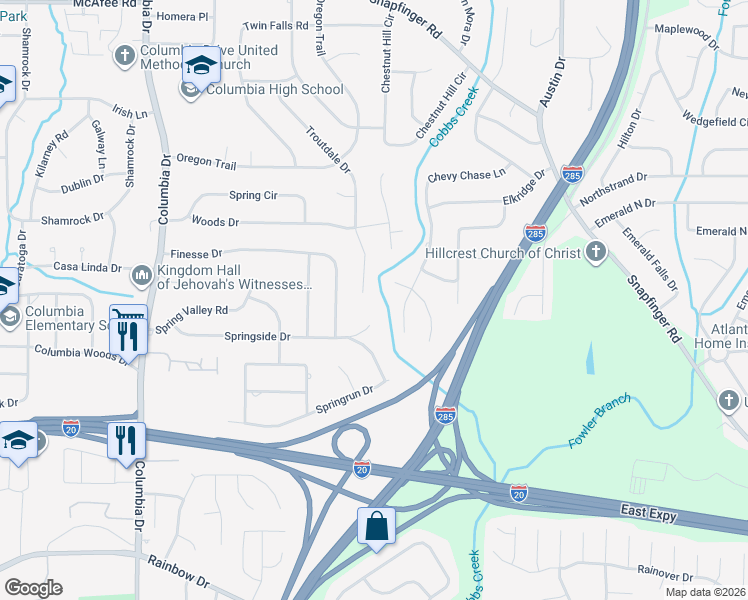 map of restaurants, bars, coffee shops, grocery stores, and more near 2289 Troutdale Drive in Decatur