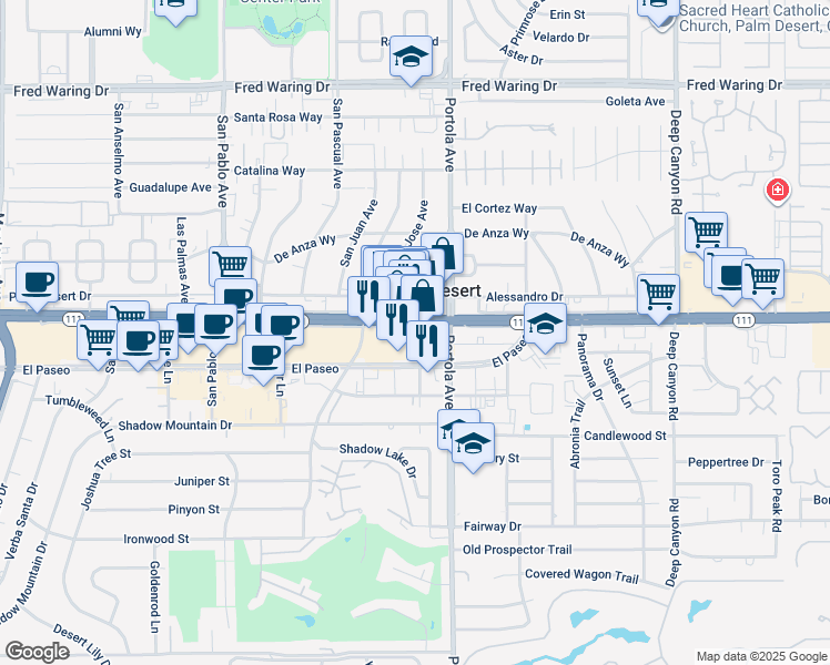 map of restaurants, bars, coffee shops, grocery stores, and more near in Palm Desert