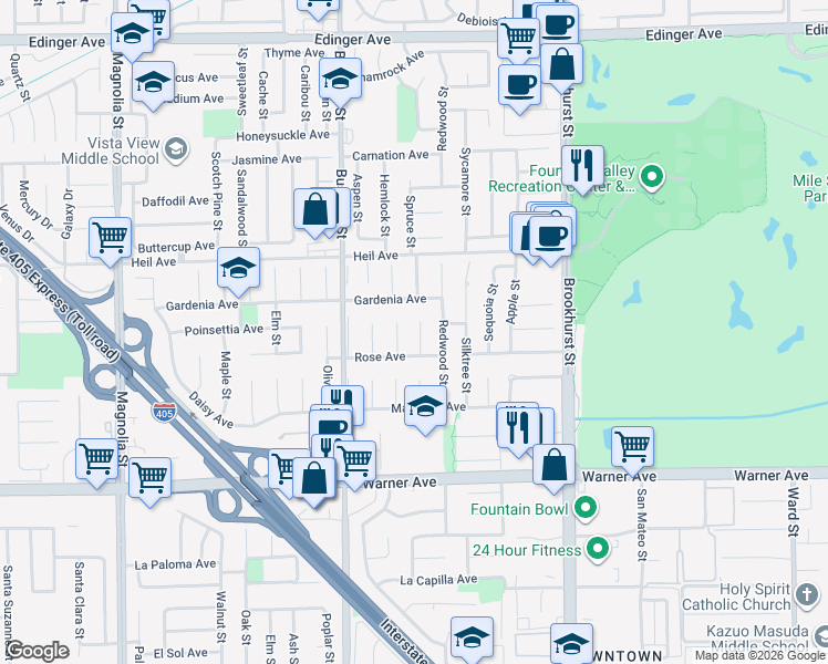 map of restaurants, bars, coffee shops, grocery stores, and more near 16675 Spruce Circle in Fountain Valley