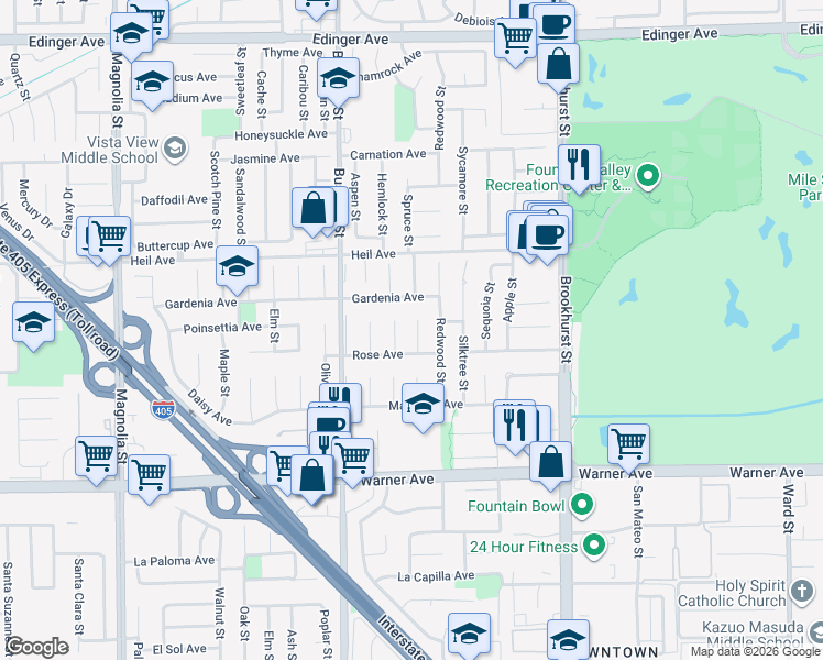 map of restaurants, bars, coffee shops, grocery stores, and more near 16675 Spruce Circle in Fountain Valley
