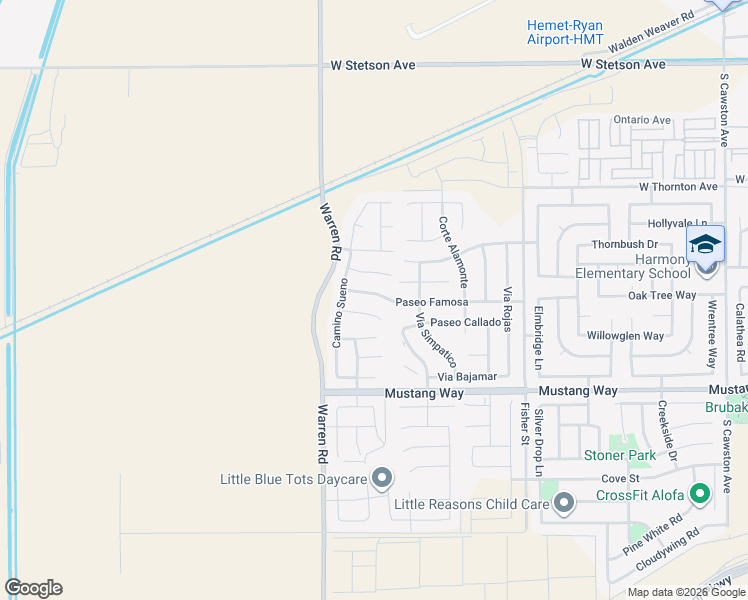 map of restaurants, bars, coffee shops, grocery stores, and more near 5587 Paseo Famosa in Hemet
