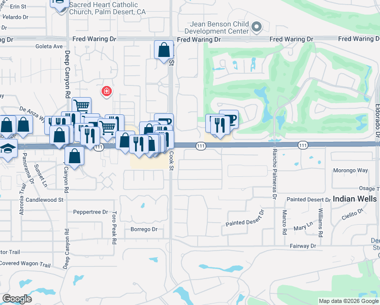 map of restaurants, bars, coffee shops, grocery stores, and more near 75087 Mansfield Drive in Indian Wells