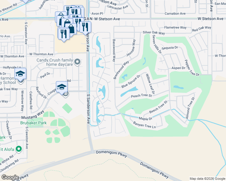 map of restaurants, bars, coffee shops, grocery stores, and more near 1599 Brentwood Way in Hemet