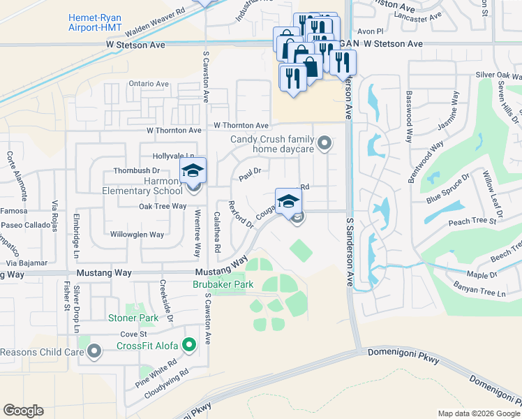 map of restaurants, bars, coffee shops, grocery stores, and more near 3830 Cougar Canyon Road in Hemet