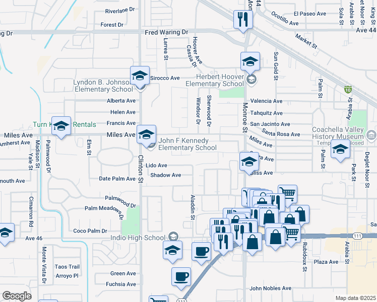 map of restaurants, bars, coffee shops, grocery stores, and more near 68443 Paseo Real Avenue in Indio