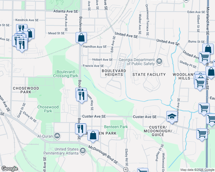 map of restaurants, bars, coffee shops, grocery stores, and more near 1227 Avondale Avenue Southeast in Atlanta