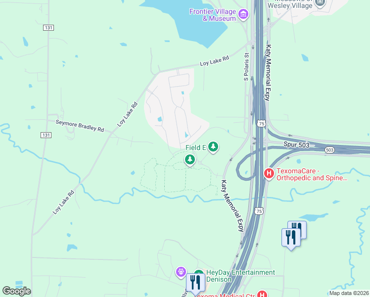 map of restaurants, bars, coffee shops, grocery stores, and more near 3849 Iron Ore Drive in Denison