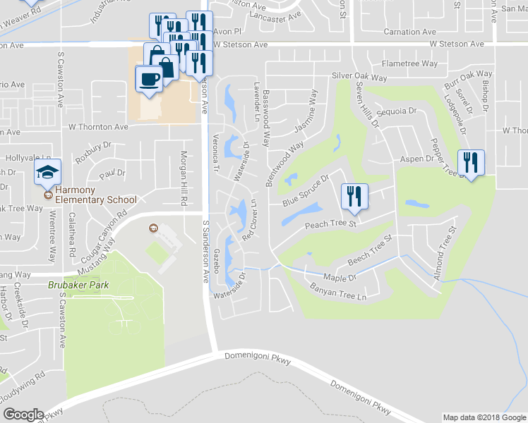 map of restaurants, bars, coffee shops, grocery stores, and more near 1599 Brentwood Way in Hemet