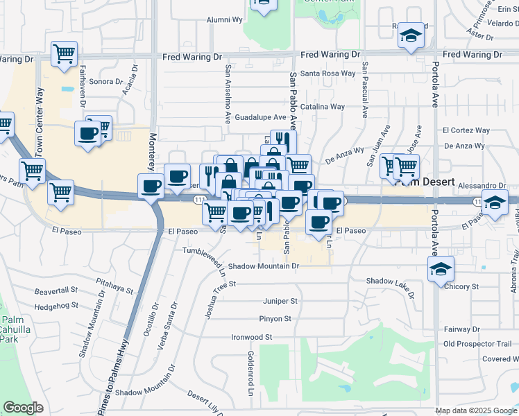 map of restaurants, bars, coffee shops, grocery stores, and more near Palm Desert Drive in Palm Desert