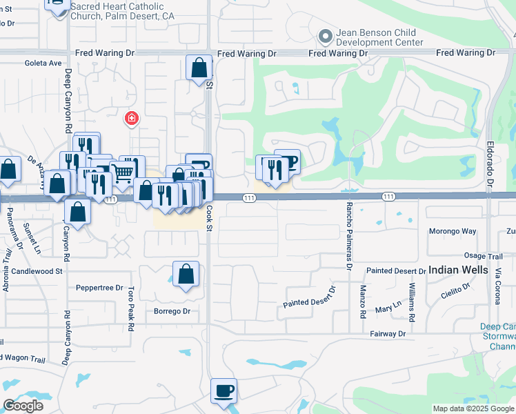 map of restaurants, bars, coffee shops, grocery stores, and more near 75167 Mansfield Drive in Indian Wells