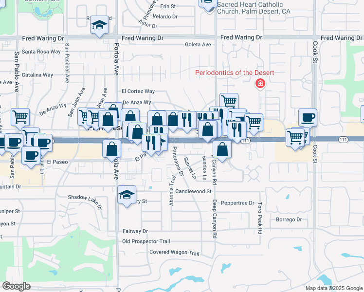 map of restaurants, bars, coffee shops, grocery stores, and more near 74280 Palm Desert Drive North in Palm Desert