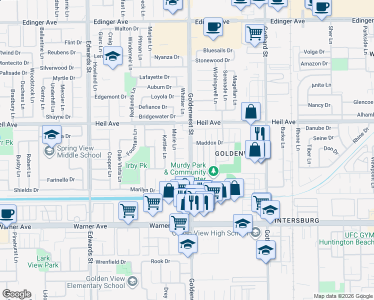 map of restaurants, bars, coffee shops, grocery stores, and more near 6962 Verlene Circle in Huntington Beach