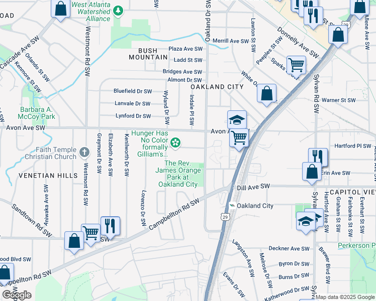 map of restaurants, bars, coffee shops, grocery stores, and more near 1250 Oakland Terrace Southwest in Atlanta