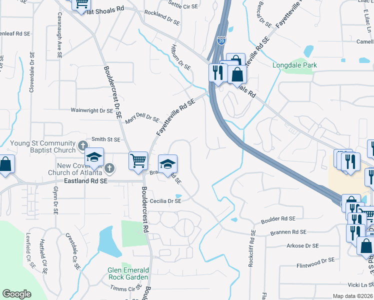map of restaurants, bars, coffee shops, grocery stores, and more near 1706 Cecilia Drive Southeast in Atlanta