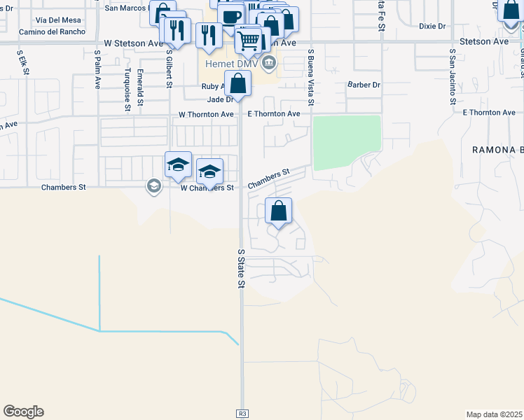 map of restaurants, bars, coffee shops, grocery stores, and more near 1536 South State Street in Hemet