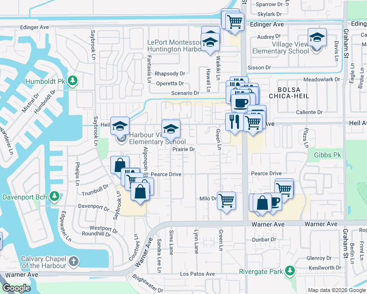 map of restaurants, bars, coffee shops, grocery stores, and more near 16585 Pescado Lane in Huntington Beach